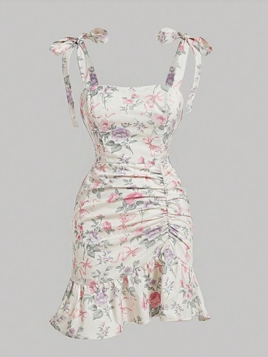 SHEIN Dresses & Skirts - 💛 Floral Tie-Shoulder Ruched Mini Dress - White/Pink
